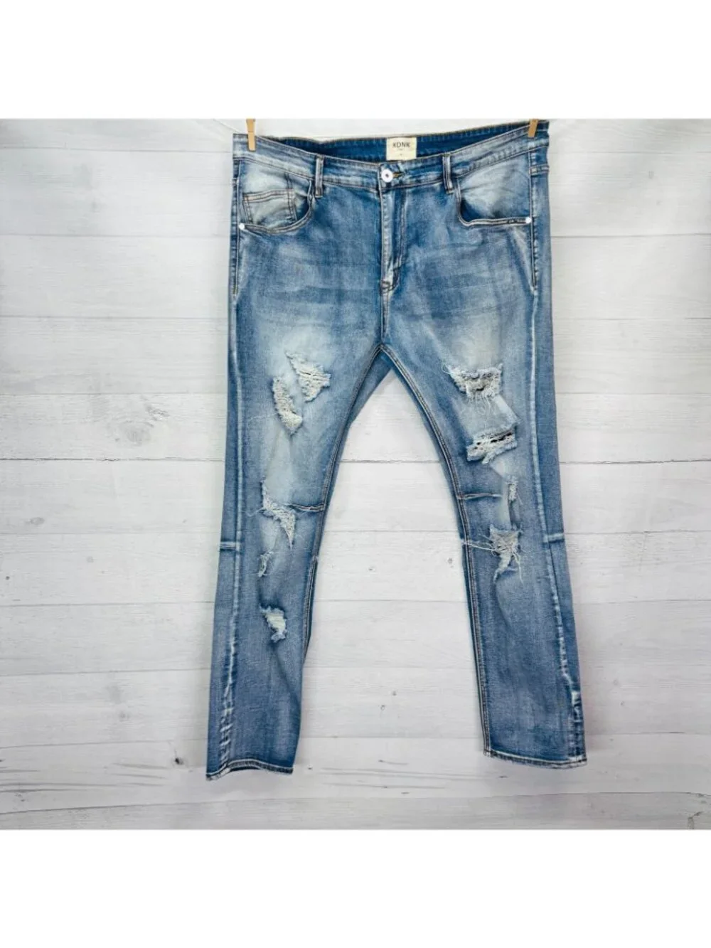 KDNK Men’s Distressed Ripped Jeans Size 40 Light Wash Slim Fit Streetwear